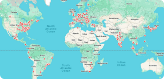 Map of the world with pings where Steelastic machines are used throughout the world. 